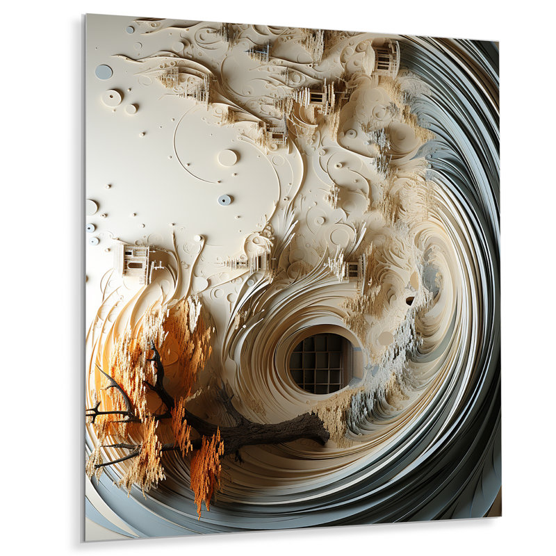 Plume blanche et bleue en spirale III - art mural géométrique en métal, H 32 po x l 16 po x P 1 po