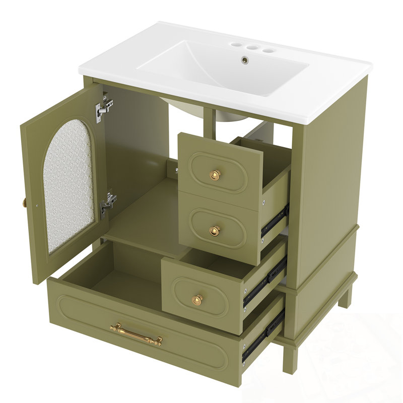 Meuble-lavabo avec lavabo, 3 tiroirs de rangement et porte d'armoire semi-transparente, Vert