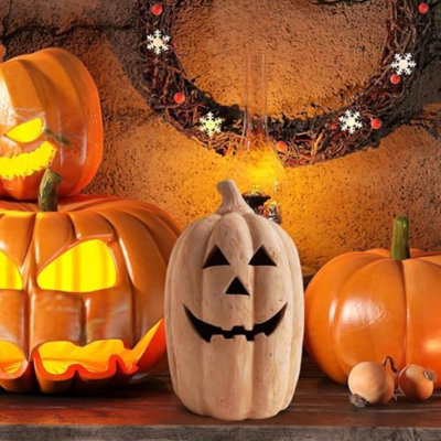 Décoration d'automne - Décorations d'Halloween - Citrouille-lanterne en terre cuite faite à la main à l'extérieur - Mignon Halloween