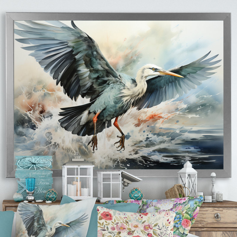 «Japon Art Cranes Flight II», reproductions d'art mural japonais, Cadre simple argenté, H 16 po x l 32 po x P 1 po
