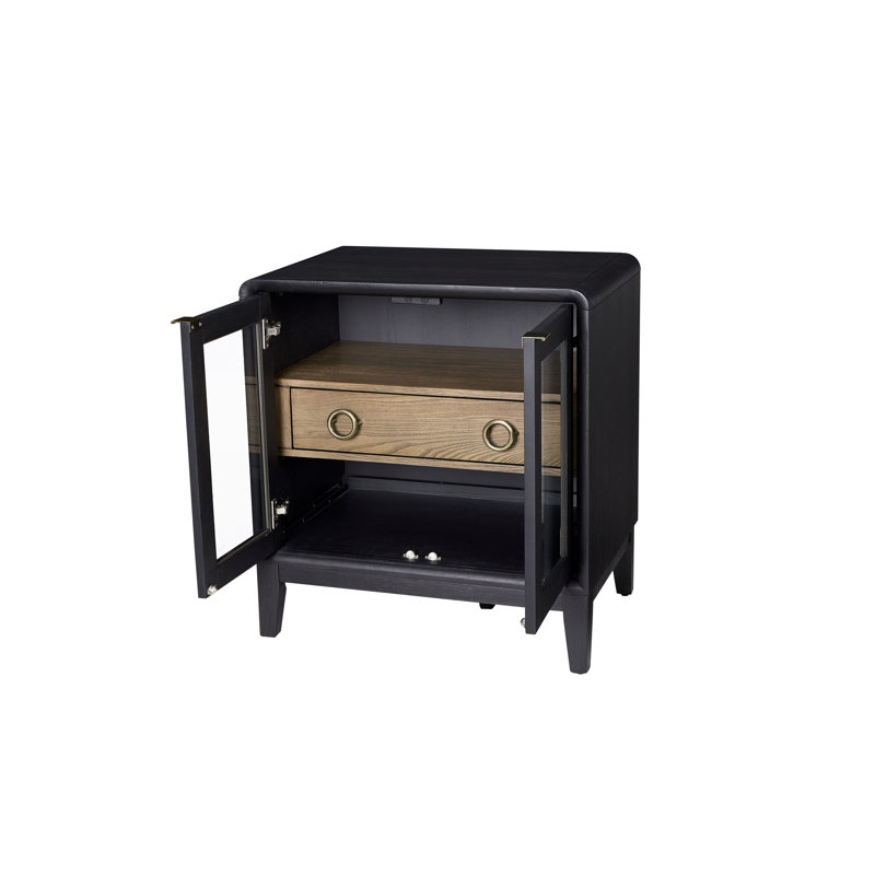 Table de chevet en bois massif avec 1 tiroir de rangement et portes en verre trempé en mélange de grains de poivre, 84,07 lb, 30,25 po Hauteur avec portes, finition mélangée, l 28,05 po x lb