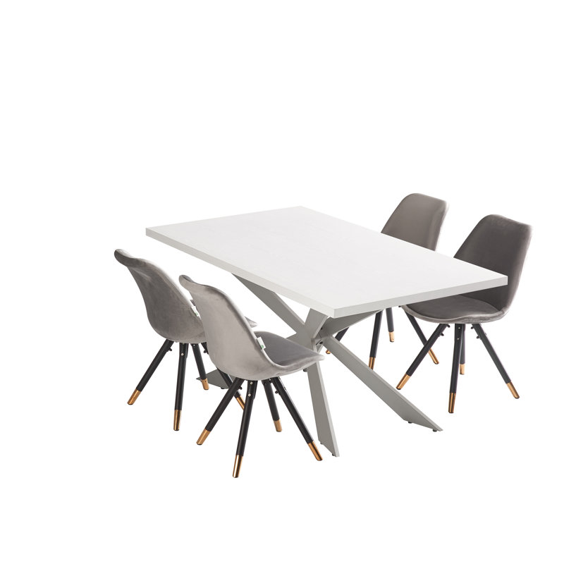 Guadelupe 4 Person Dining set - a Rectangular Wooden Dining Table with Metal Legs and a Set of 4 Quilted Velvet Dining Chairs for Dining Room - Modern Dining Table Set