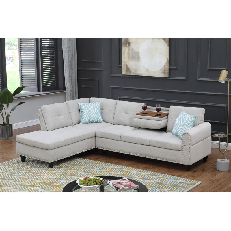 Antoneta Upholstered L-Shaped Sectional Left Hand Facing, Ivory Linen, Green
