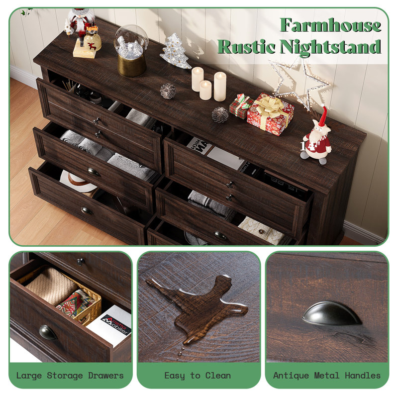 Rustic Brown Medium Wood Farmhouse 58" Six-Drawer Dresser