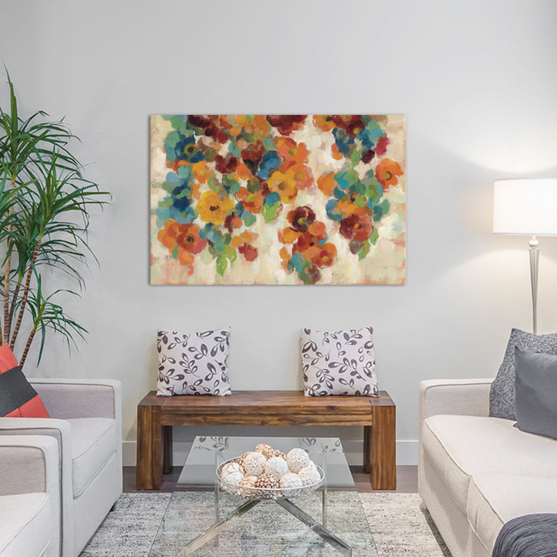 Reproduction d’art sur toile tendue fleurs à épices et turquoise, H 26 po x l 40 po x P 1,5 po