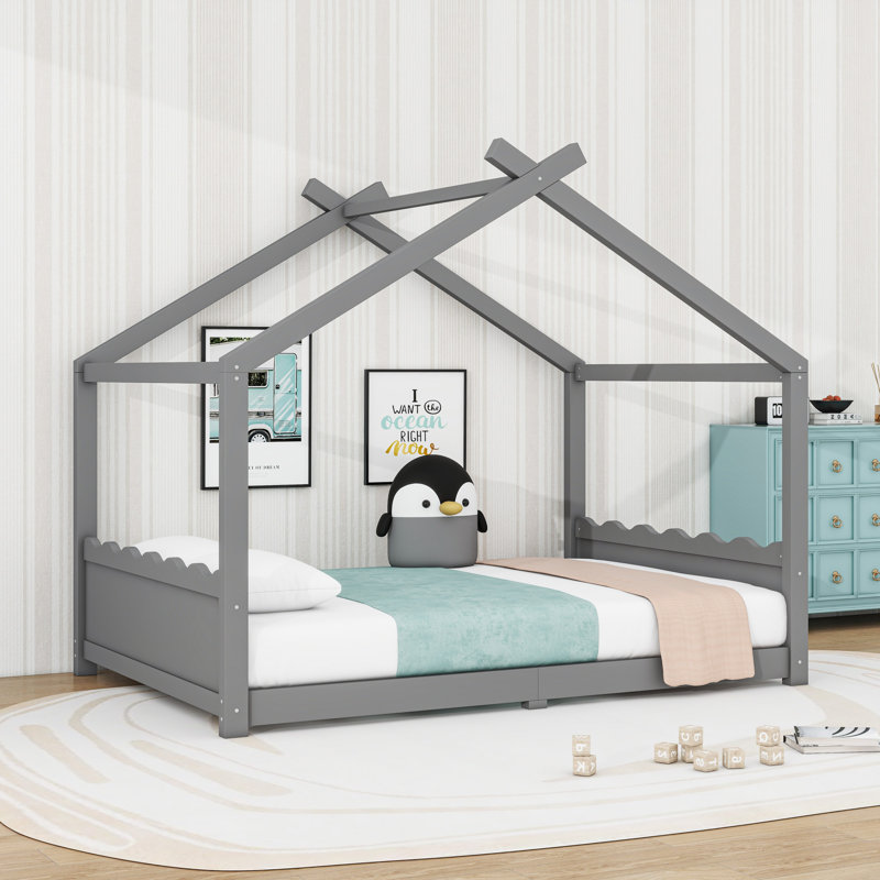 Wood House Floor Bed With Slats, Full, Gray