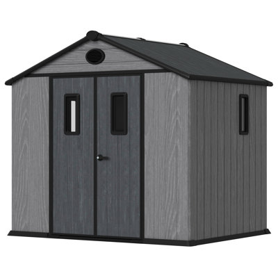 Outdoor Storage Tool Shed With Door And Floor, Plastic Outdoor Storage Shed With Steel Frame，Grey