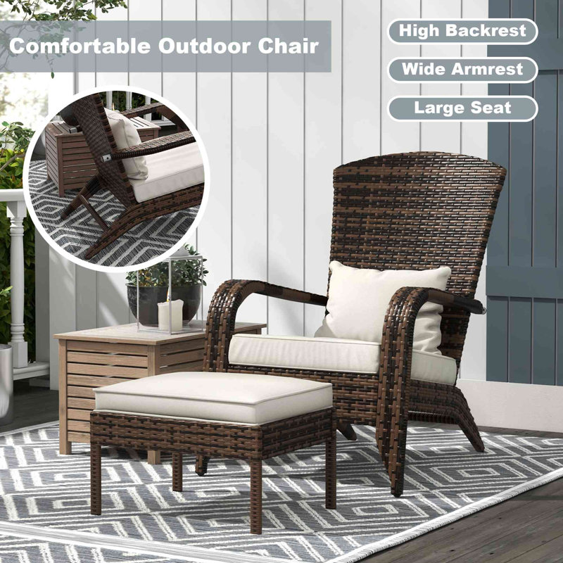 Outsunny Patio Wicker Adirondack Chair with Ottoman, Brown/White