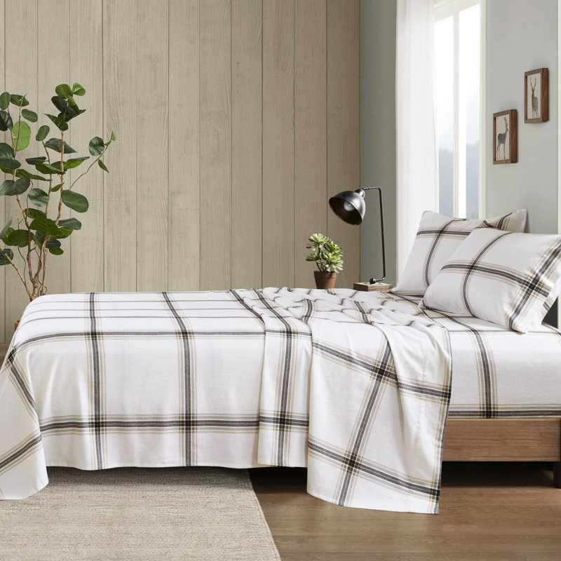 100% flanelle de coton brun clair écossais 4 pièces grand drap doux en velours doux lavable à la machine avec 2 taies d'oreiller l 20 po x L 30 po brossé pour comprend 1 l 60 po x L 80 po + P 14 po