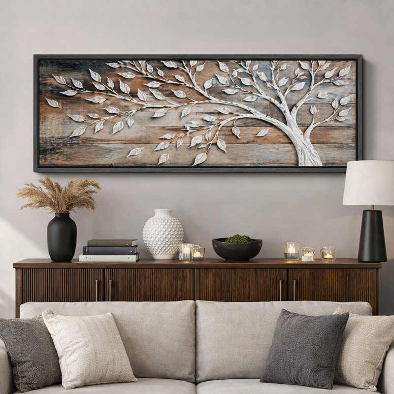 "Rustic White Tree Branch", photos de salon, impression sur toile encadrée, 3 pièces, 20" H x 60" W x 1.5" D, Cadre noir