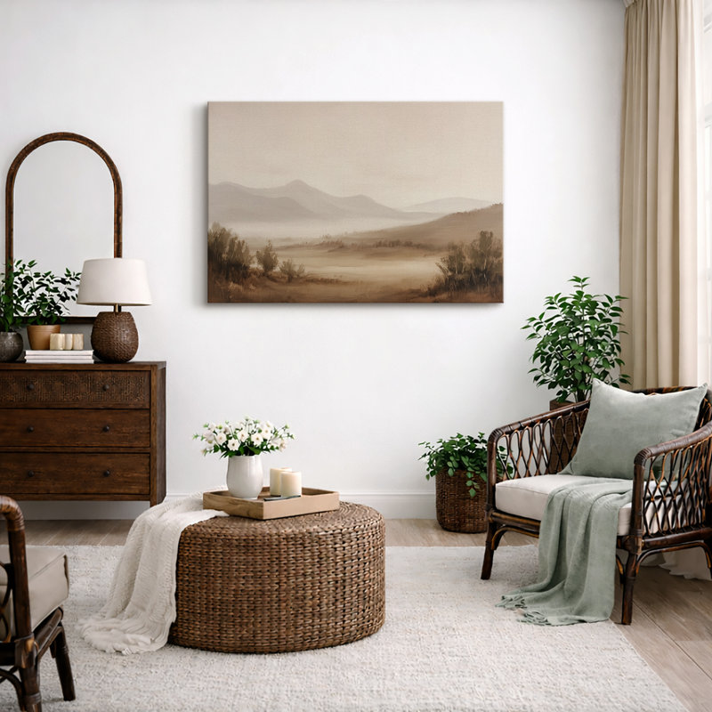 «Minimal Beige Misty Mountain», œuvre d'art sur toile encadrée, impression sur toile, H 32 po x l 48 po, Toile tendue