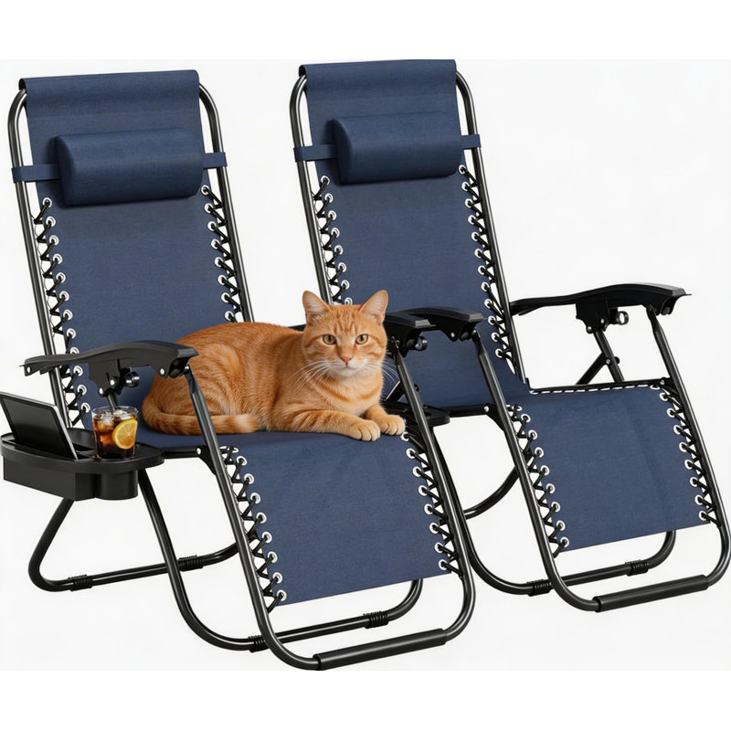 Ensemble de 2 chaises longues de patio, avec coussin et plateau Ã  boissons, Navy