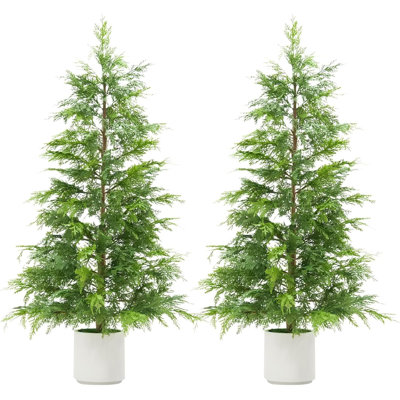 2Pcs Artificial Cedar Topiary Trees with White Pot, Faux Plants, UV Resistant Fake Evergreen, Artificial Christmas Tree