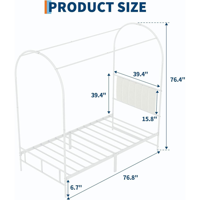 Twin Canopy Bed Frame, With Upholstered Headboard, White