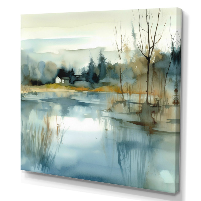 Summer Lake Landscape Illustration V - Lake, art mural, H 24 po x l 24 po x P 1 po, Toile tendue
