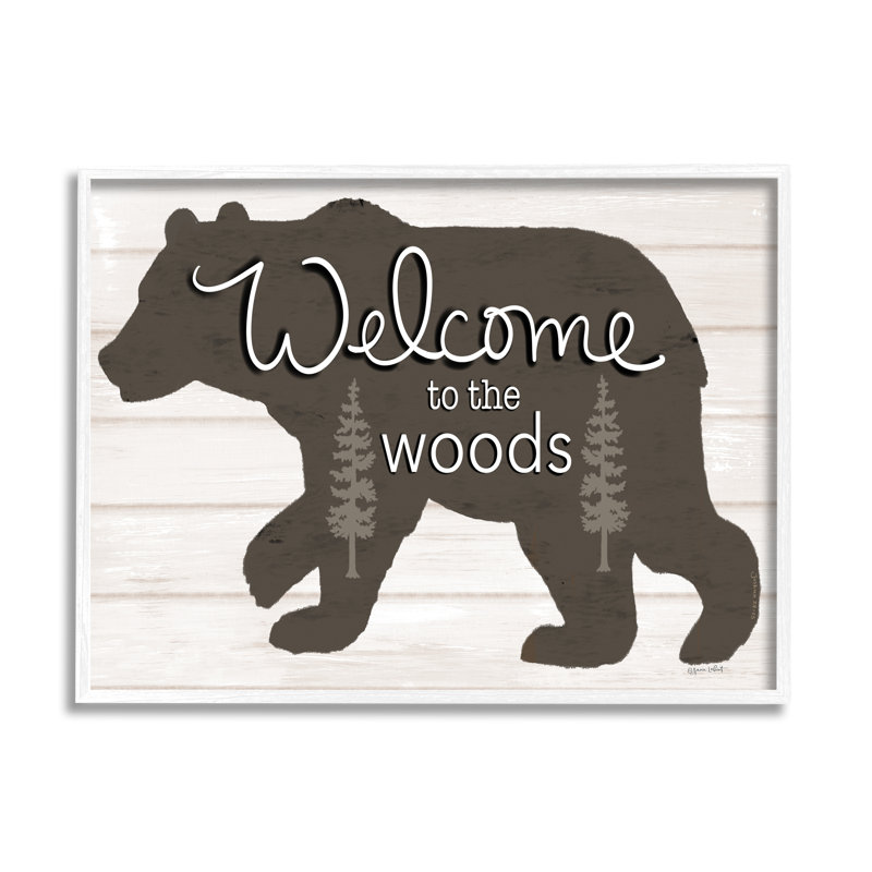 «Welcome to the Woods Cabin Sign» par Annie Lapoint - cadre flottant, impression sur bois, H 24 po x l 30 po x P 1,5 po