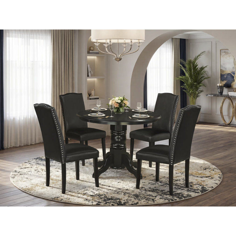 5 Piece Dining Room Table Set Includes a Round Kitchen Table with Pedestal and 4 Black Faux Leather Parson Dining Chairs, Black