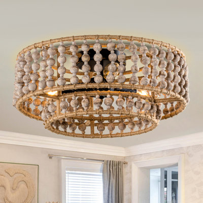 16" Boho 3-Light 2-Tiered Wood Beaded Dimmable Flush Mount Ceiling Light
