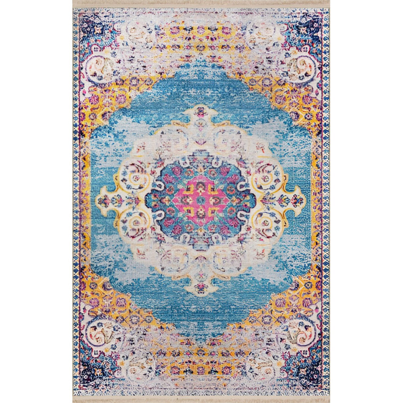 Tapis décoratif décoratif bleu rétro, Sous-tapis rectangulaire de 3 pi 3 po x 4 pi 11 po