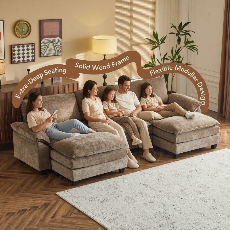 Canapé modulaire en bois massif et manufacturé Shugar, Chenille verte
