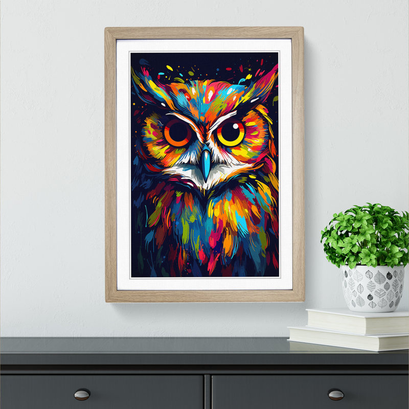 Owl Pop No.2 - Single Picture Frame Print on Wood, Oak , 34cm H x 25cm W x 2cm D