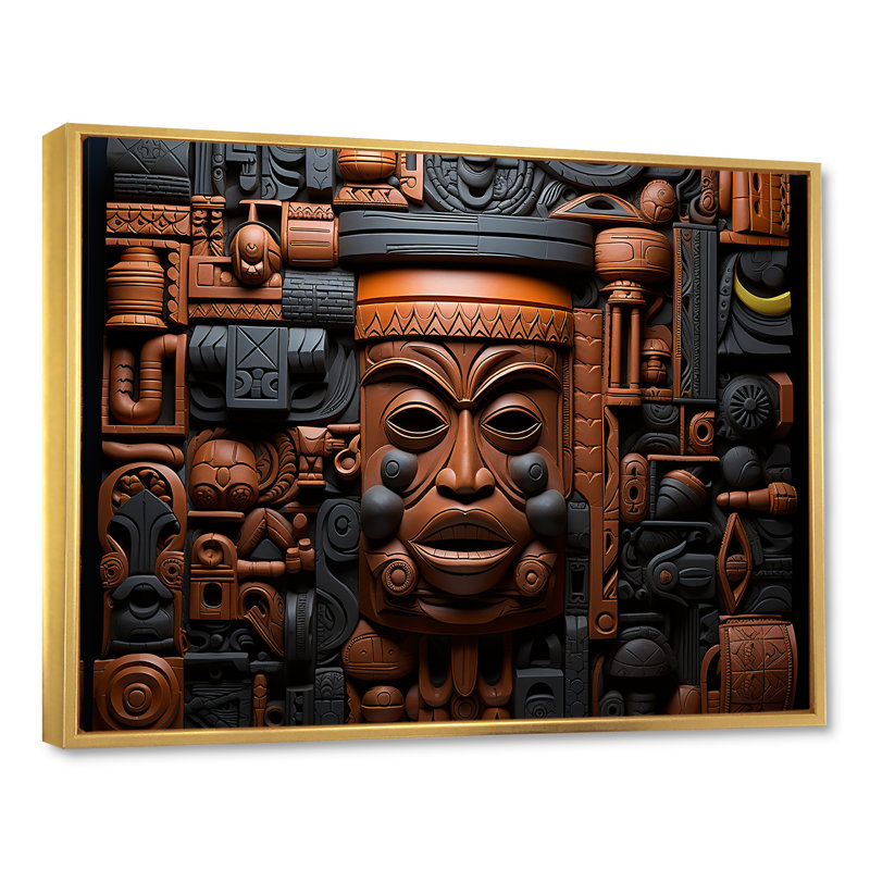 Masque africain brun et noir à motif de Kuba - Masque africain grand art mural, H 30 po x l 40 po x P 1,5 po