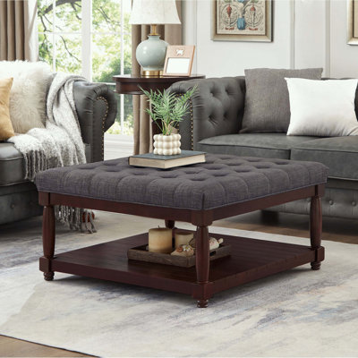 Large Square Ottoman with Solid Wood Shelf