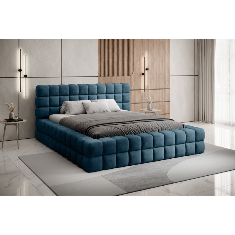 Monzerat Upholstered Bed with Mattress, European Kingsize (160 x 200cm), Blue
