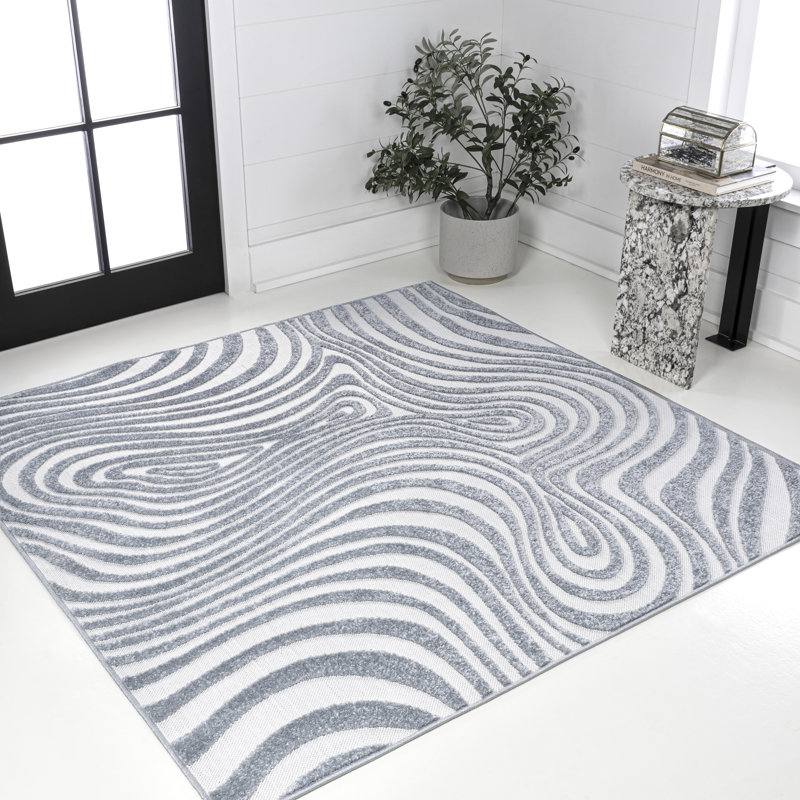 Maribo High-Low Abstract Groovy Striped Light Blue/Ivory Indoor/Outdoor Rug, Square 9'