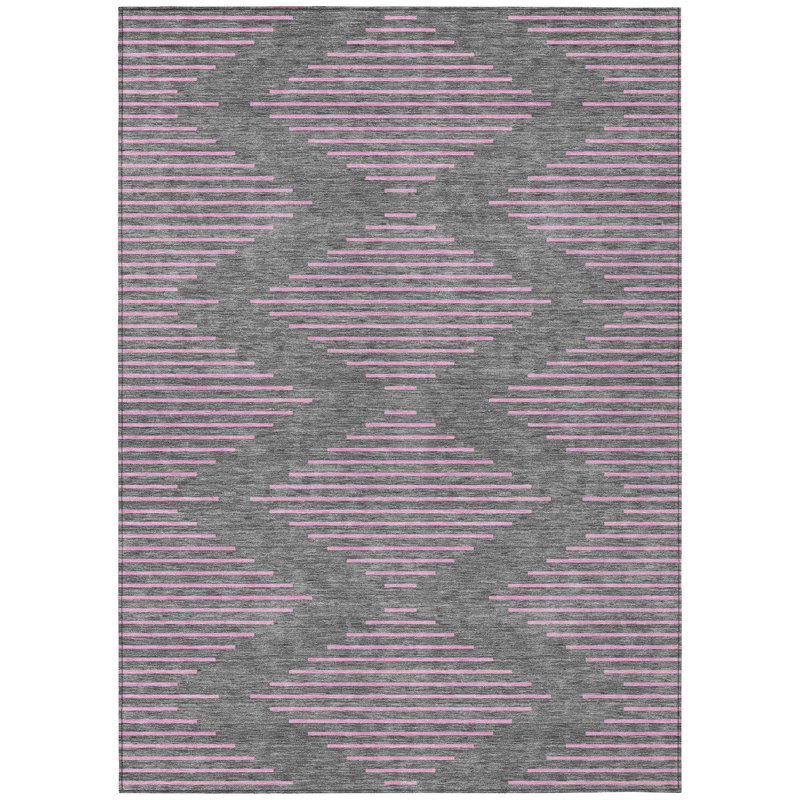 Gray and Pink Geometric Washable Synthetic Rug