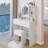 17" Round LED Mirror Vanity Table + Soft Cushion Stool Suit, Large Mirror, Touch Switch, 3 Colors, Adjustable Brightness, Large Desktop, Multi-Layer High Capacity Storage, Suitable For Small Space-1777152573