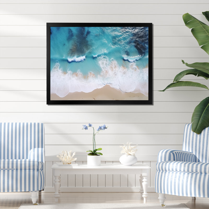 Vagues blanches et bleues vue aérienne I - plage, art mural, Cadre d'angle fermé noir, H 12 po x l 20 po x P 1 po