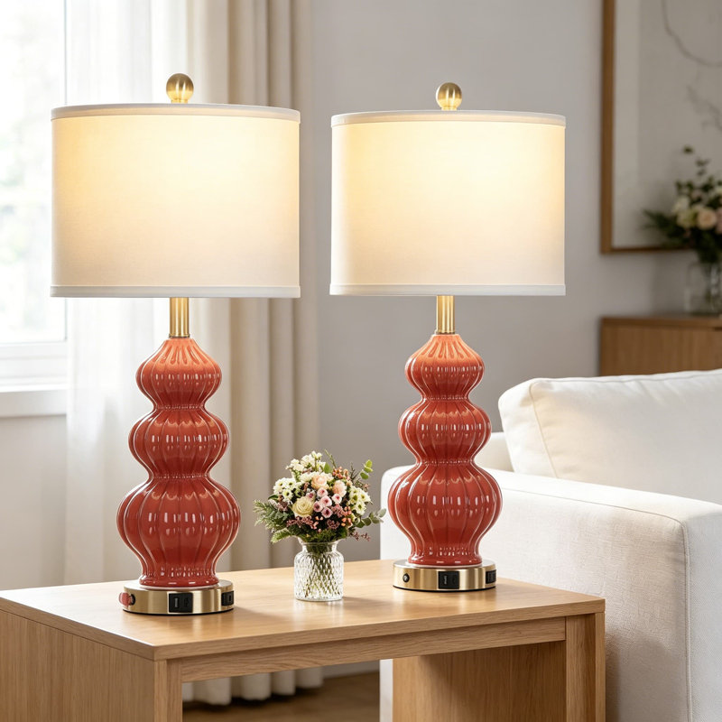 Ensemble de 2 lampes de table Modern Modern en céramique avec 2 ports USB A + C et une prise de courant CA, Orange