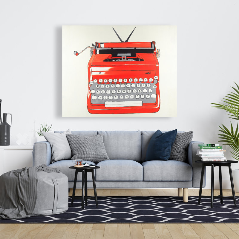 Red Typewriter Machine Canvas | Vintage Home Decor Art, 48" H x 60" W