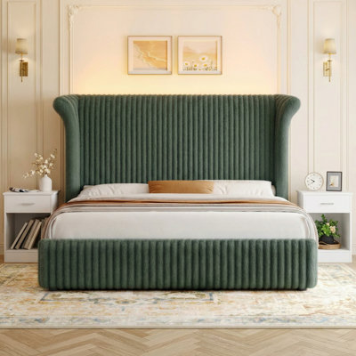 Modern 3-piece Bedroom Set, 55" Green High Wingback Bed With Built-in Lighting And 1-drawer Nightstands