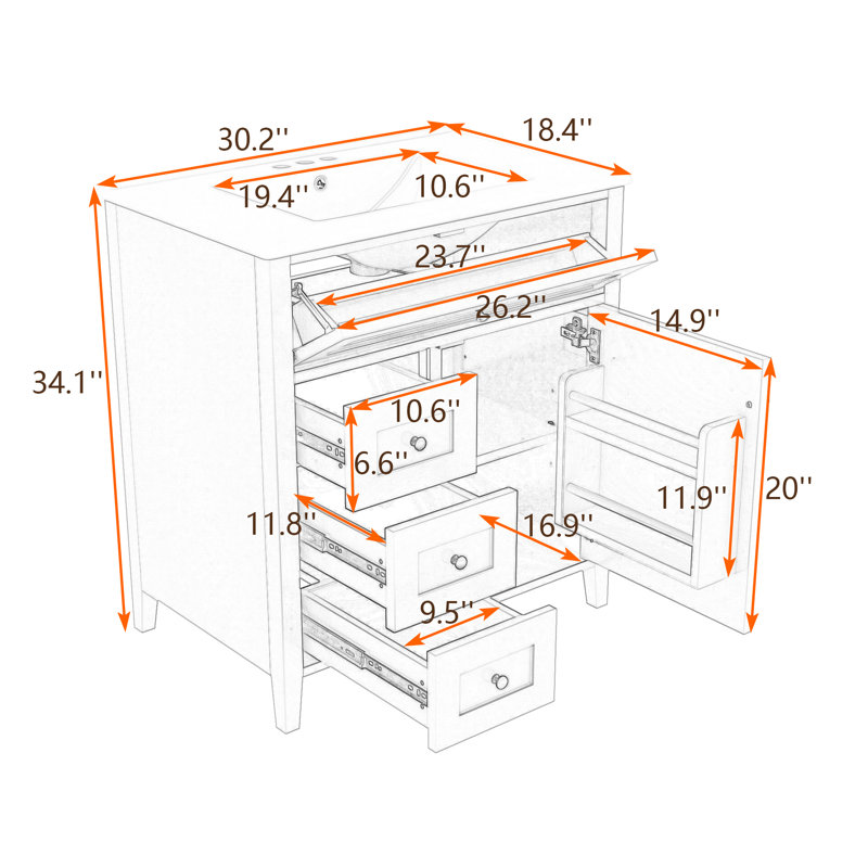 Meuble-lavabo moderne compact avec lavabo en céramique, tiroirs de rangement et tablette réglable, Vert