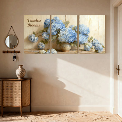 hydrangea Timeless Blooms Blue Flowers Vase Reflection Wood Background Set of 3 Canvas Wall Art Prints