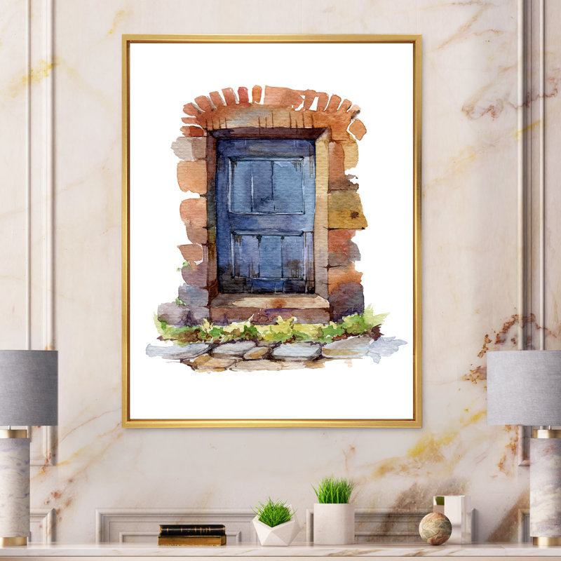 Vieille porte d'entrée rustique - peinture sur toile, H 32 po x l 24 po x P 1 po, Cadre flottant doré