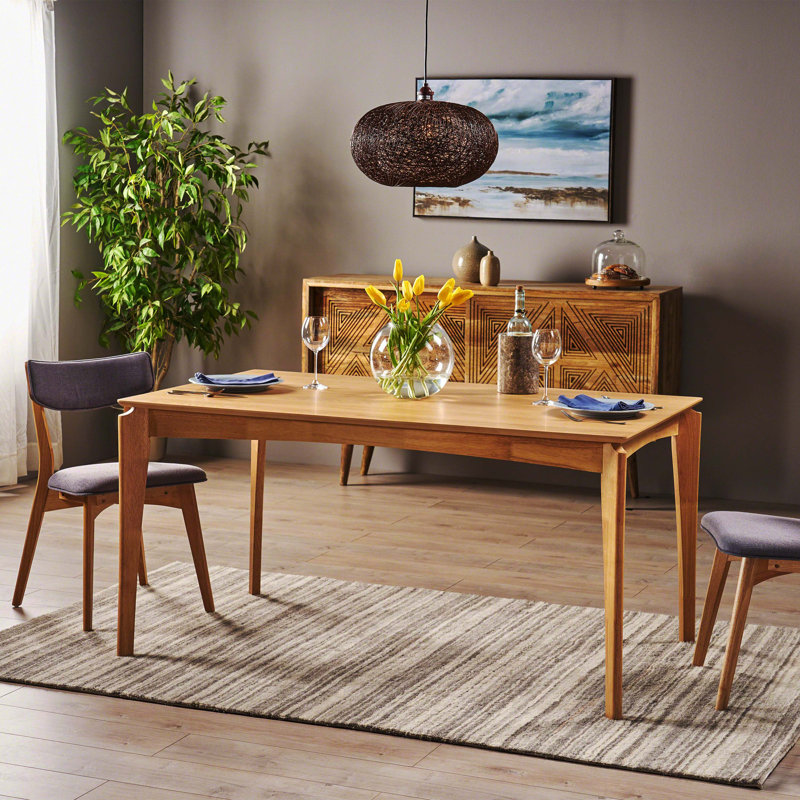Mid-Century Dining Table, Rubberwood Frame With Walnut Veneer, Natural Oak Finish