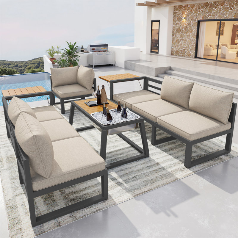 7 - Person Modular Outdoor Sofa Set With Fold-out Armrests And Ice Bucket, Beige