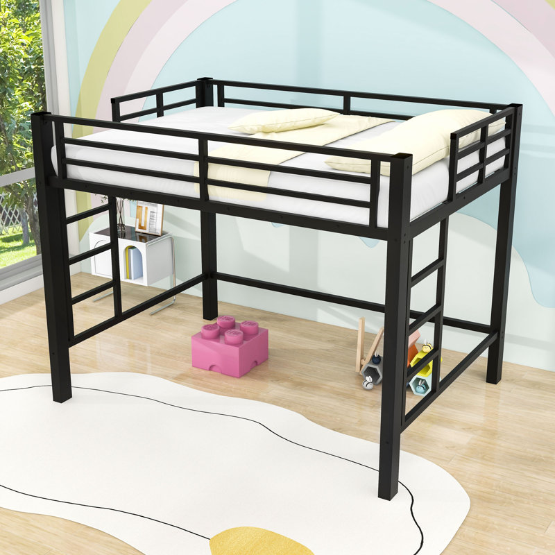 Metal Loft Bed With Dual-Side Ladders, Guardrails And Space-Saving Under-Bed Area, Queen