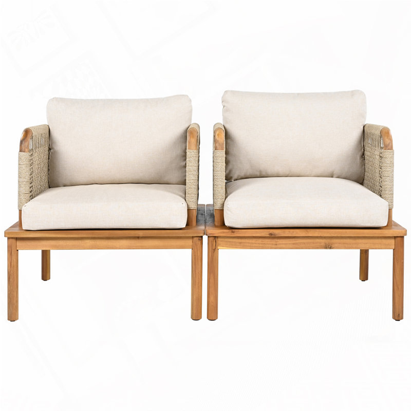 Fauteuil club d'extérieur en bois d'acacia et corde avec coussins