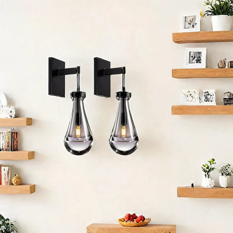 Two Black Modern Raindrop Glass Wall Lamps, Matte Black, 2 Lights