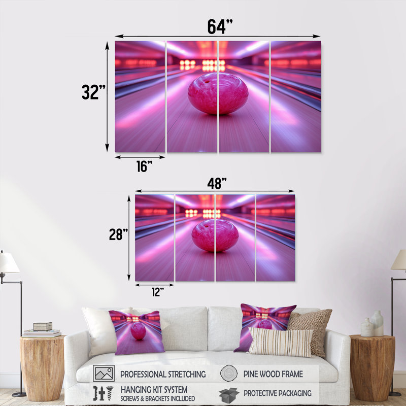 «Pink and Purple Bowling Strike Celebration» - ensemble de reproductions d'art mural, H 28 po x l 48 po