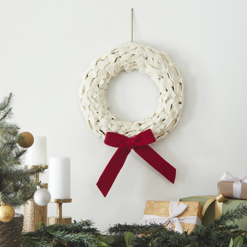Handmade Hand Felted Wool Wreath - Dog Bones With Red Bow - 14"