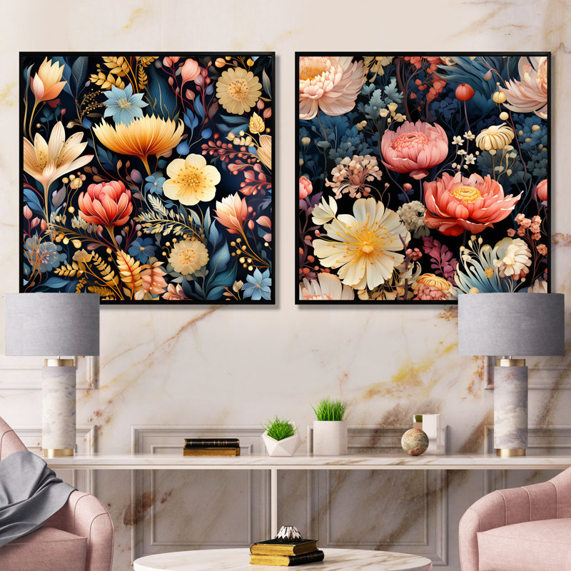 Hartigan - ensemble de 2 reproductions d'art sur toile florales, Cadre noir, H 36 po x l 73 po x P 1,5 po