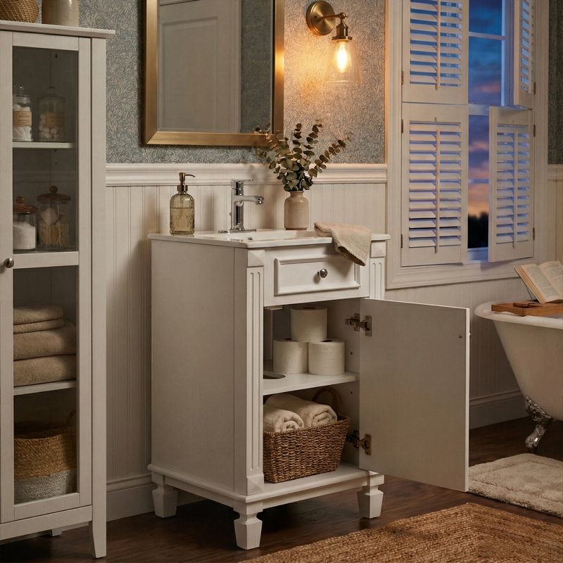 Meuble-lavabo de 18 po de style français avec lavabo en céramique, structure en bois massif, porte à fermeture en douceur et tablette réglable (blanc / bleu)