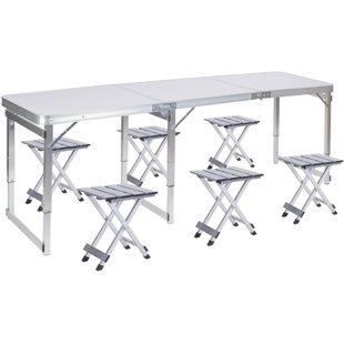 Frenzybird Folding Picnic Table With 6 Stools, Aluminum Table Chair Set For Up To 6 Persons, Portable Lightweight Heights Adjustable For Outdoor Camping, 70Lx24wx32h Inches