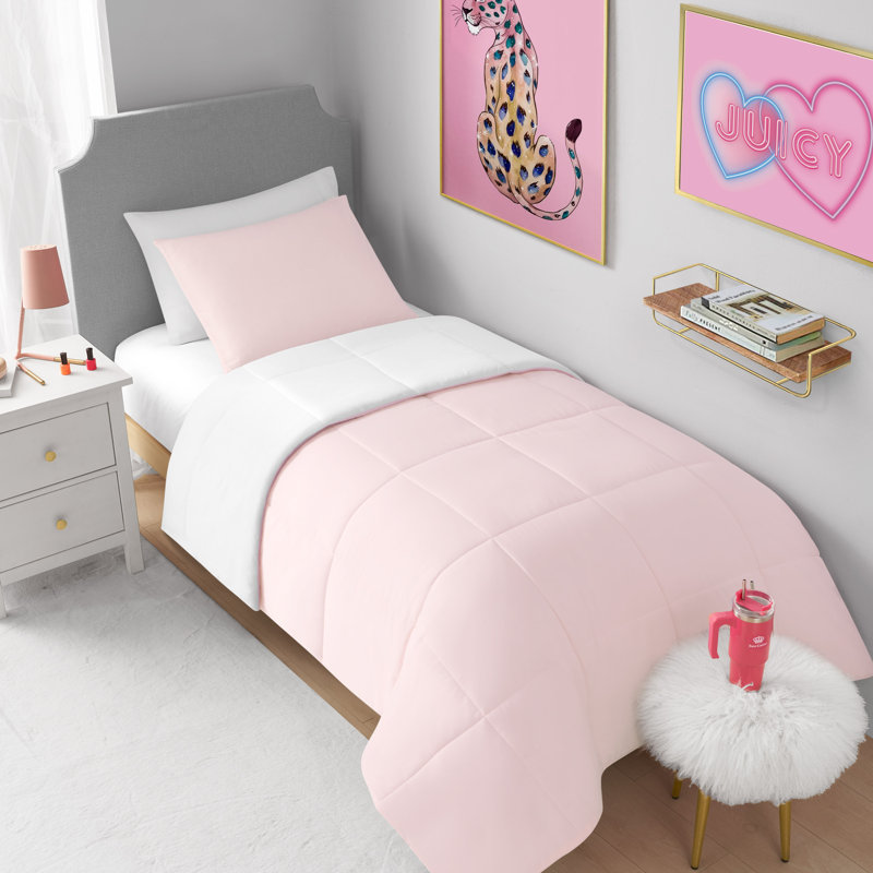 Juicy Couture Box Stitch Reversible Comforter Sets, Pink Marshmallow/ White