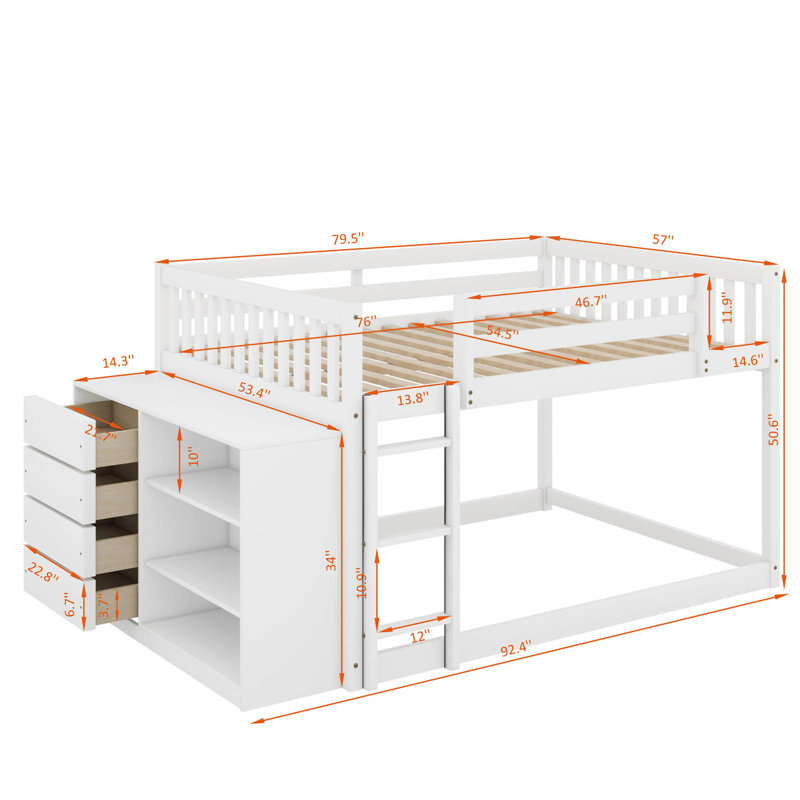 Lit superposé double au-dessus de double avec tiroirs et tablettes, Blanc